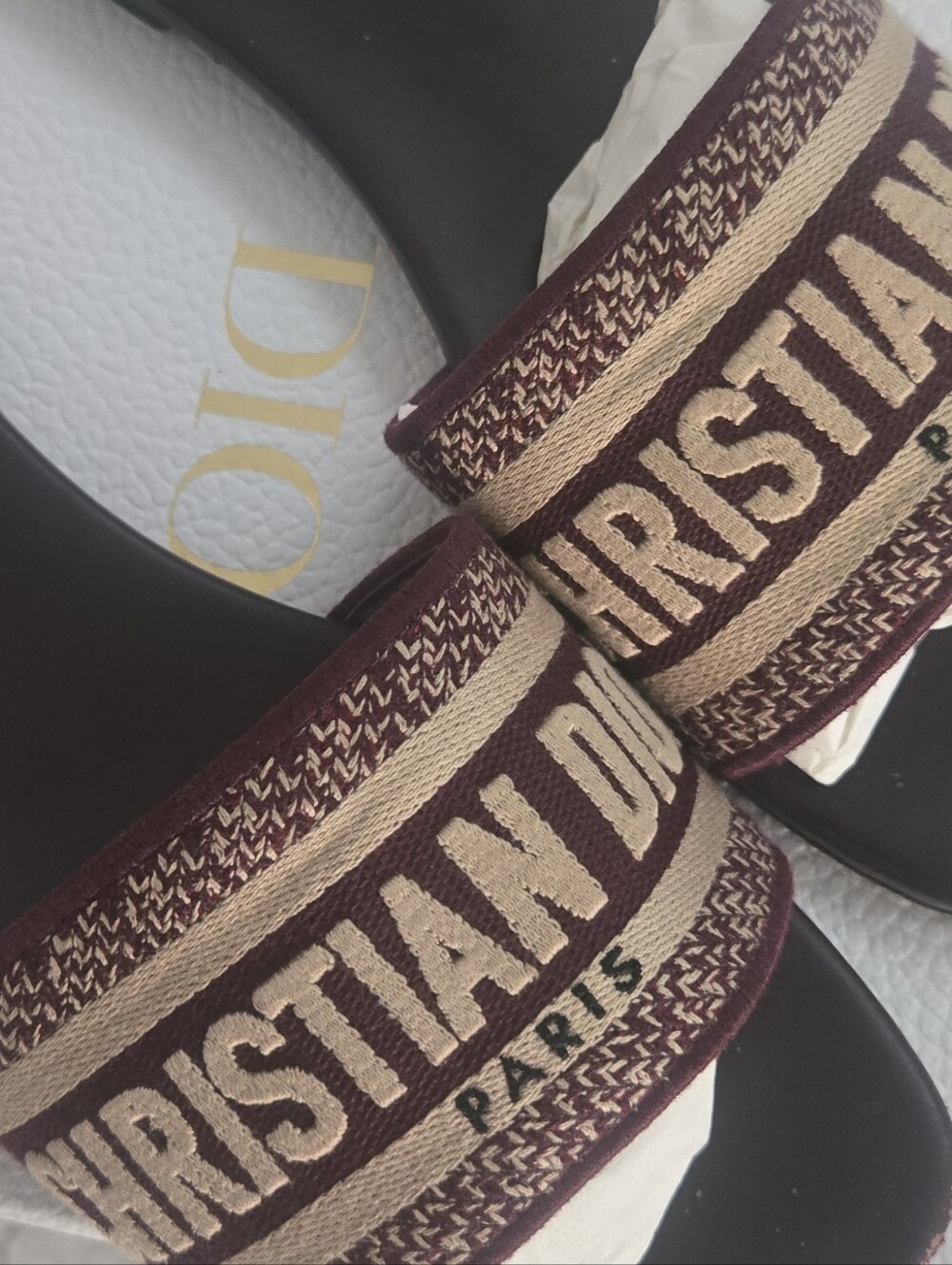 Dior Women's Burgundy and Beige Logo Slide Sandals